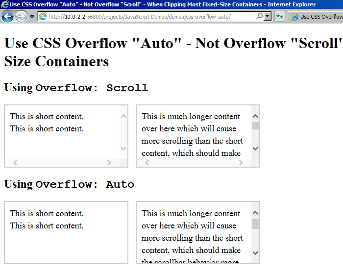 CSS overflow: scroll always shows scrollbars in IE11.